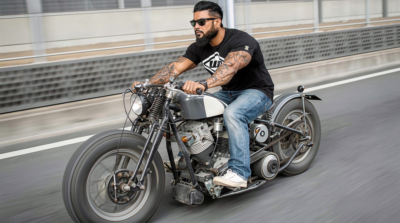 Biker en tenue Western Motors devant sa moto